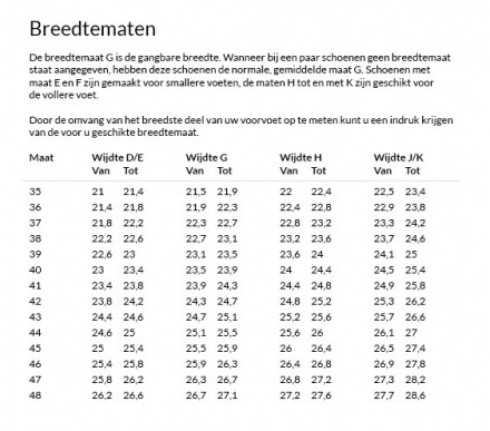 Uitleg over breedte maten van schoenen Theo Jansen Schoenen